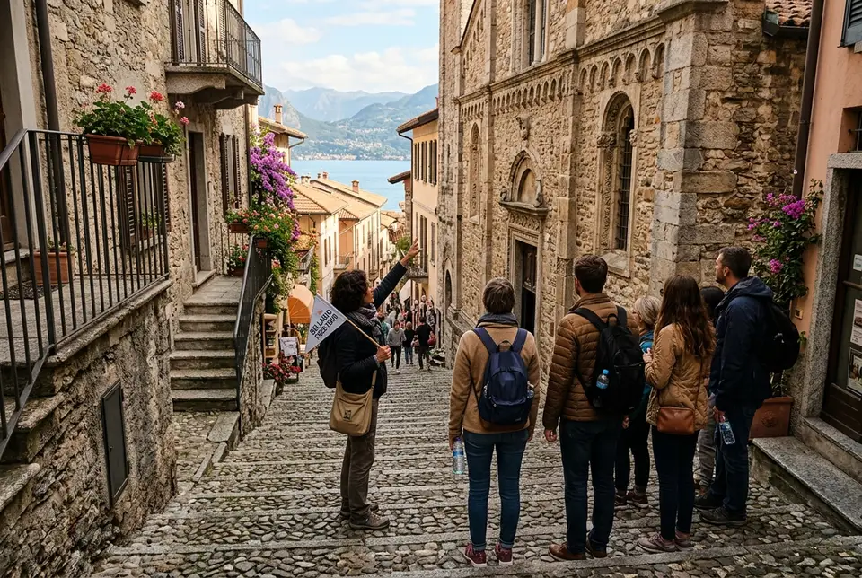 Guia assenyalant una façana de pedra pels carrerons esglaonats de Bellagio durant un free tour bellagio a peu, petit grup de viatgers escoltant atent a l'ombra