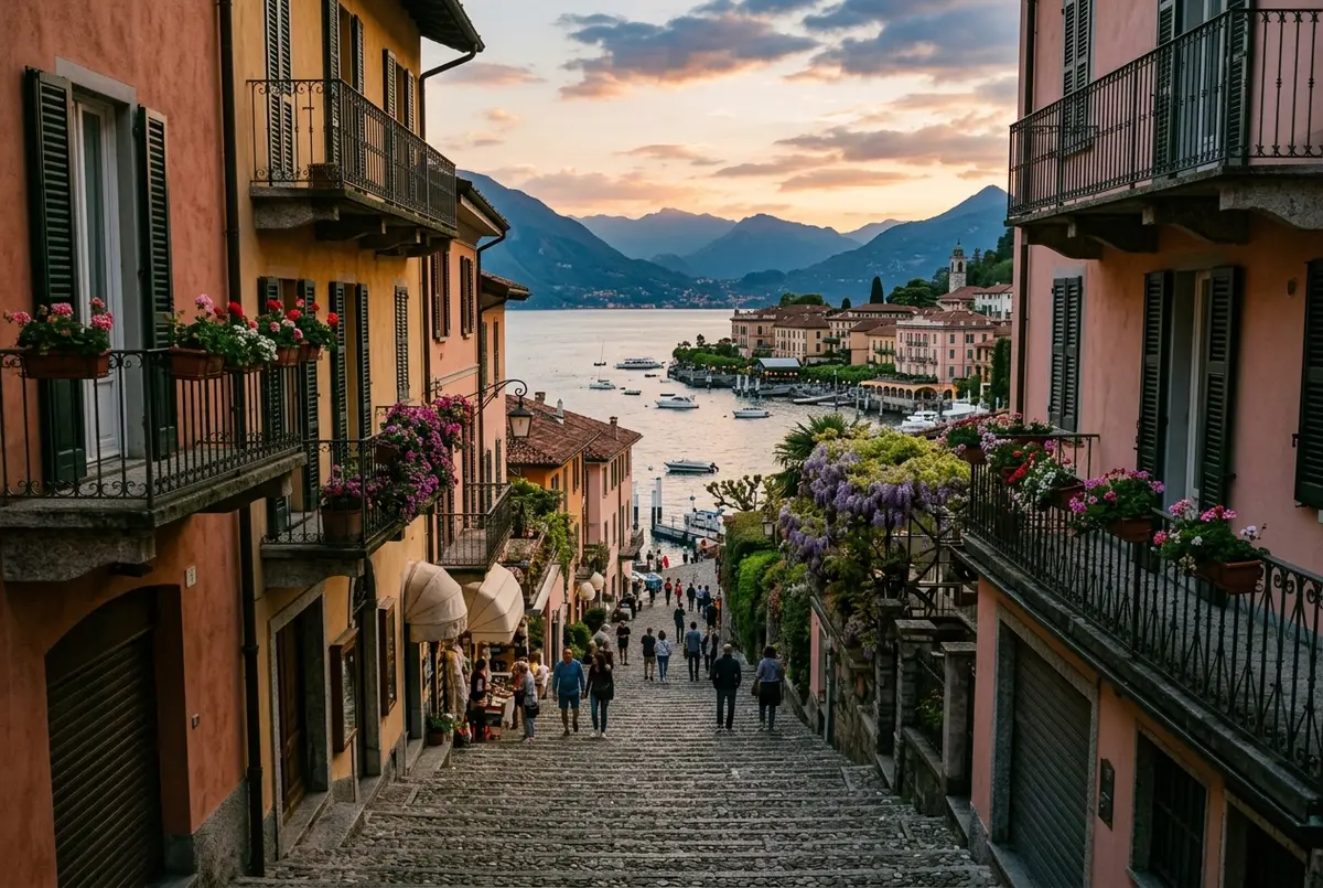 vue en fin de journée sur Bellagio illustrant les plus beaux villages du lac de Côme, ruelles pavées en escalier et villas pastel au bord de l'eau