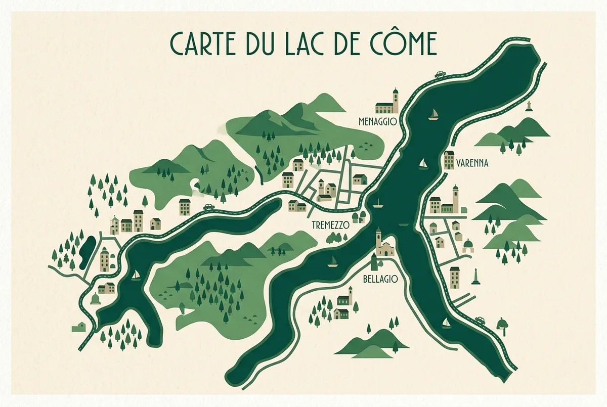 carte illustrée du lac de Côme classant les plus beaux villages, Bellagio, Varenna, Menaggio et Tremezzo positionnés sur leurs rives respectives, étiquettes de lieux génériques uniquement