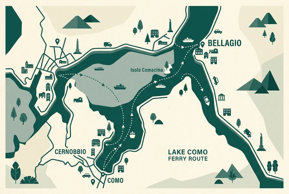 Map-style graphic of a como to bellagio ferry route across lake como past cernobbio and isola comacina, with simple boat icons and generic place labels only
