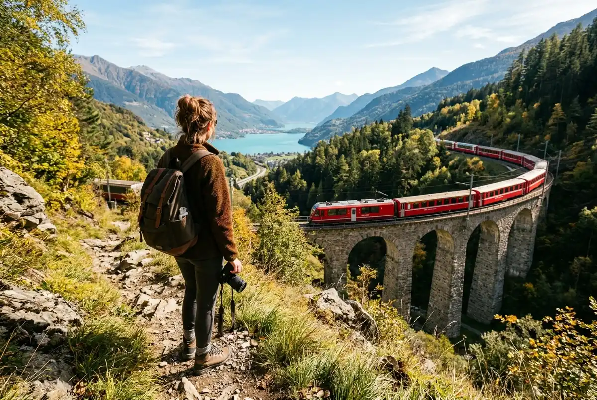 viajero contemplando el tren rojo bernina express cruzando un viaducto de piedra en los alpes suizos cerca del lago di como en un día despejado