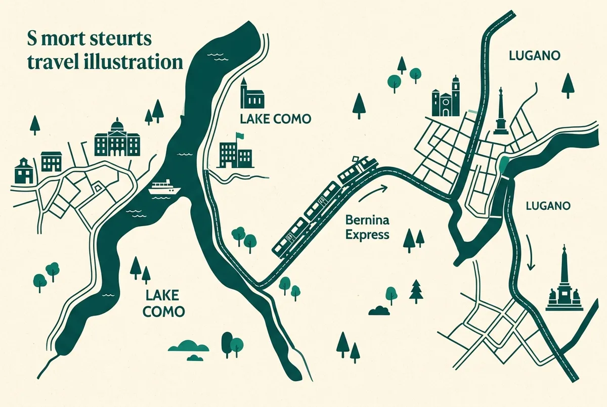 map-style infographic showing the bernina express route and lugano as day trip options branching off from lake como, generic place labels only