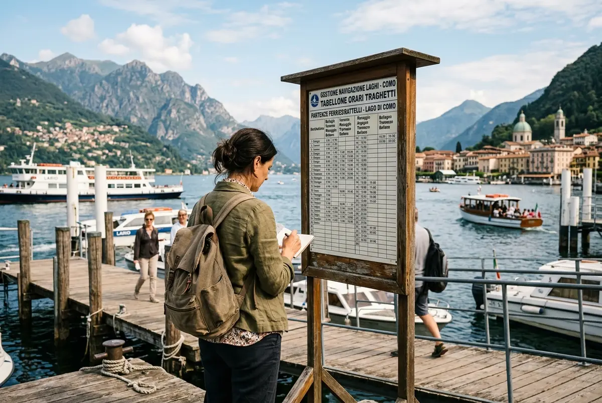 viajero consultando un panel de horarios ferry lago di como en un muelle de madera con el lago y las montañas al fondo a media mañana