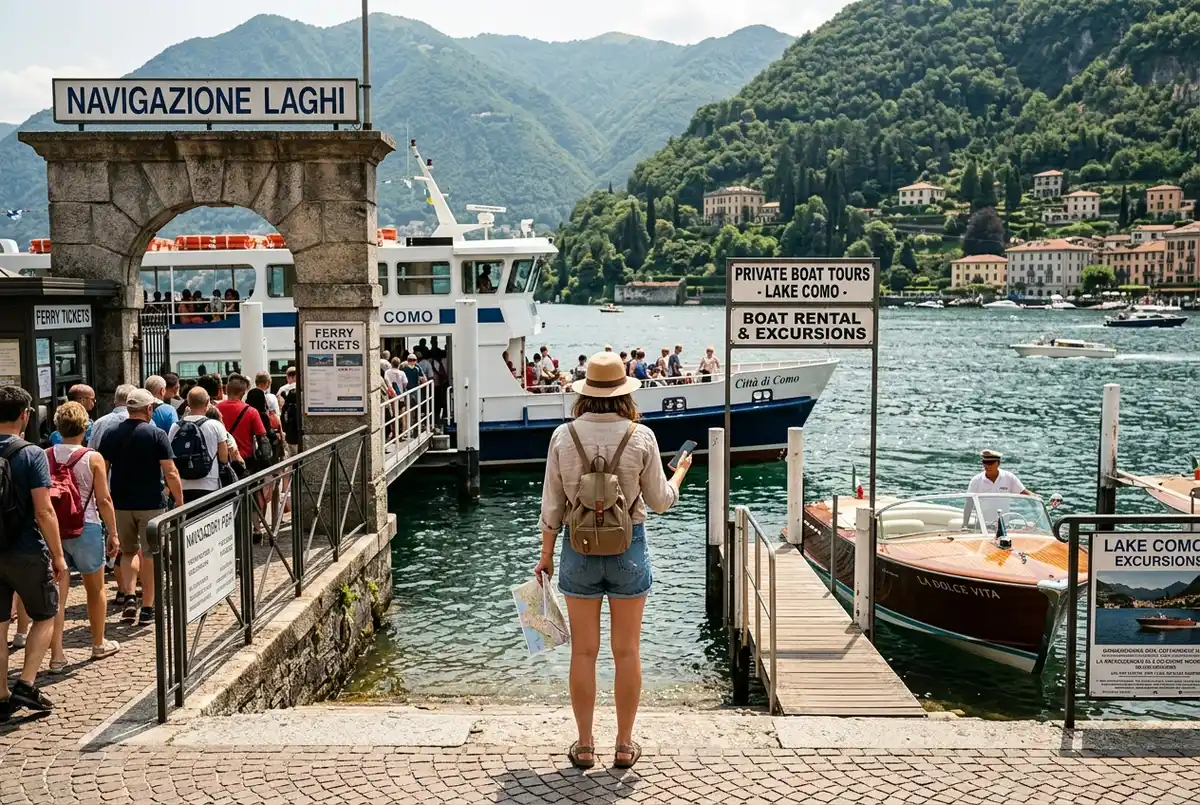 Zwei Boote am Comer See nebeneinander, links ein öffentliches Navigazione-Laghi-Fährschiff, rechts ein kleines privates Ausflugsboot, Bellagio im Hintergrund