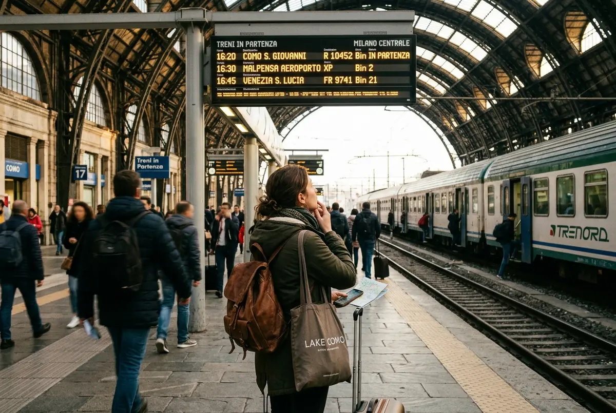 Traveler standing on a milan train platform looking at a departure board, weighing a day trip to lake como against staying in the city