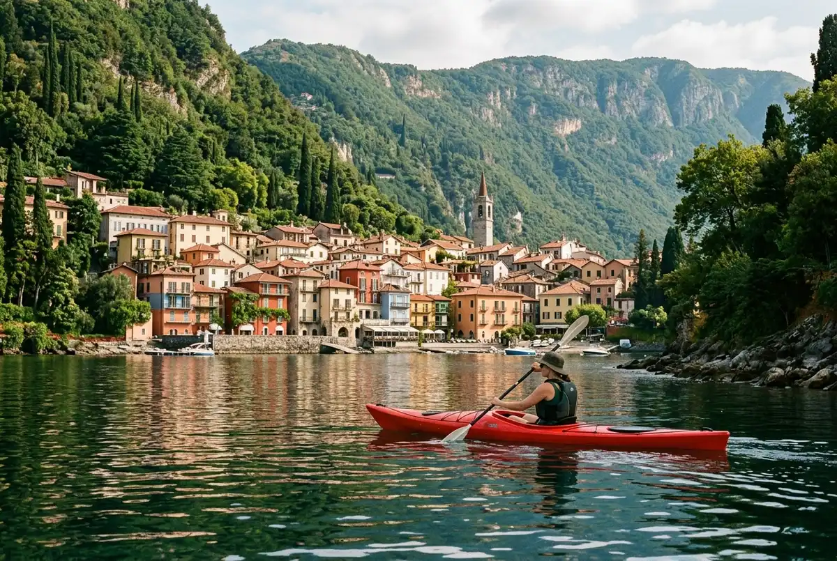 Traveler paddling a kayak near the shoreline of lake como with pastel lakeside buildings and green hills behind on a calm morning