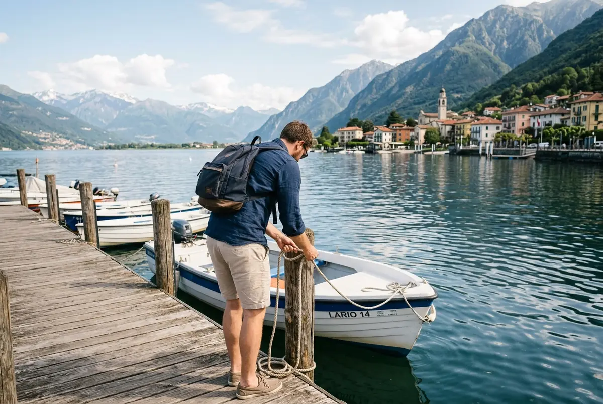 Reisender bindet ein kleines Mietboot an einem Holzsteg in Domaso los, Berge und ruhiges Wasser des Comer-See-Nordufers im Hintergrund, später Vormittag