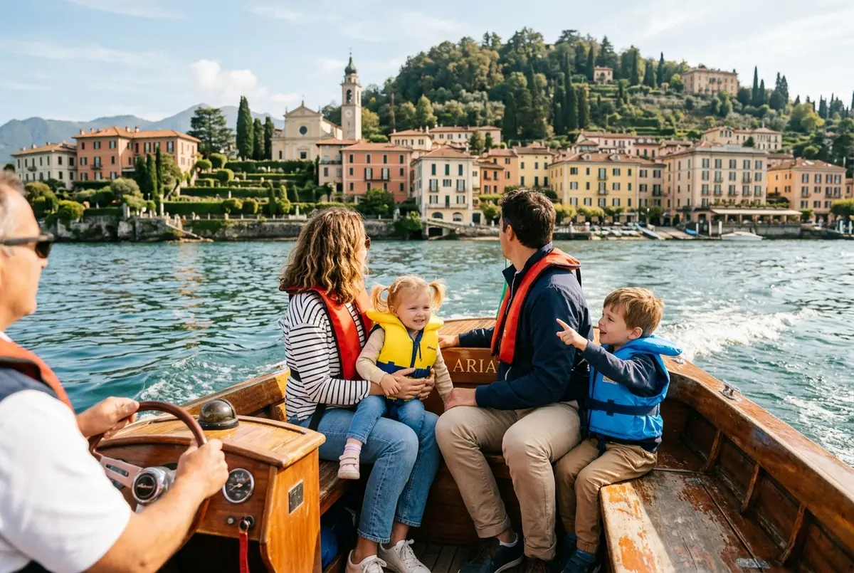 family with young kids wearing life jackets on a lake como boat tour cruising past bellagio in bright afternoon light