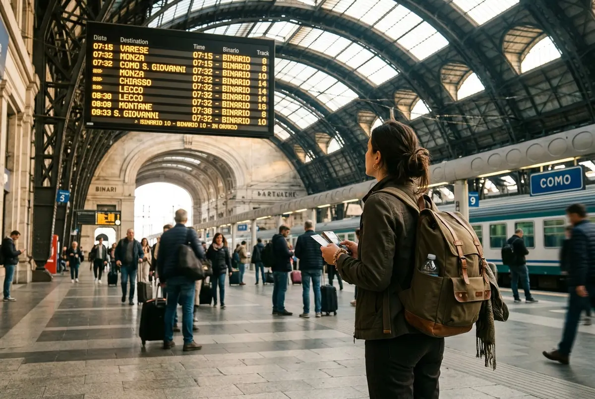 Traveler checking a train departure board at Milan Central Station early morning with a day bag, heading toward lake como