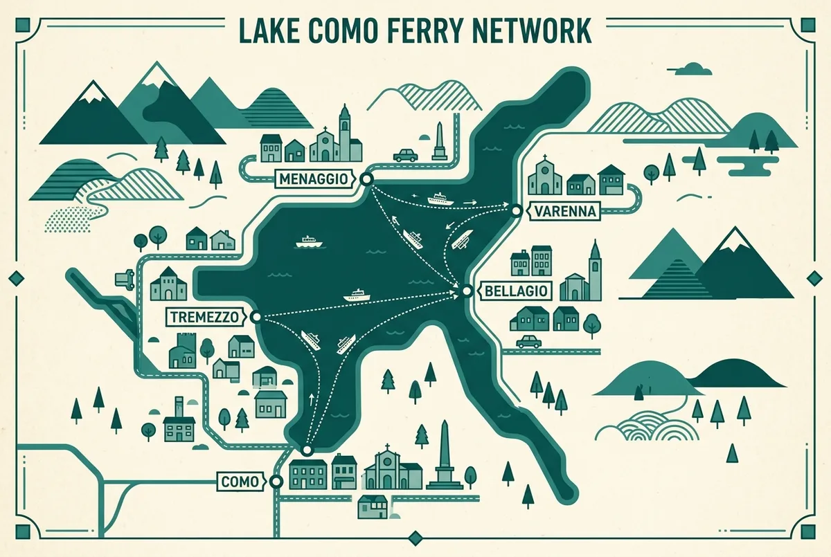 Map-style graphic of the lake como ferry network connecting como, bellagio, varenna, menaggio and tremezzo with simple boat icons and generic stop labels only
