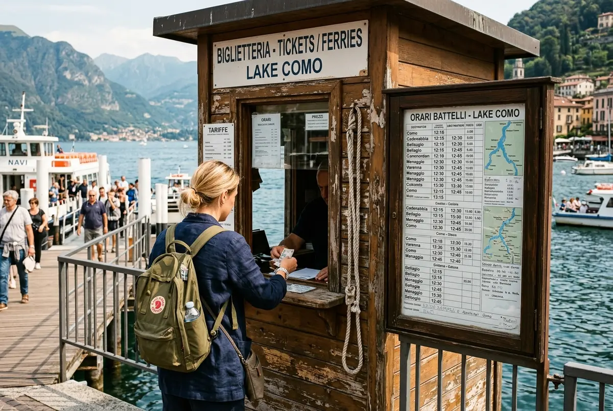 reiziger koopt een veerboot comomeer ticket aan een loket bij een houten steiger in como, met een dienstregelingsbord op de achtergrond, overdag