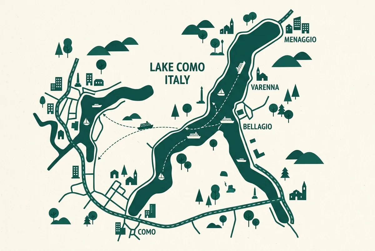 map-style infographic of lake como showing como, bellagio, varenna and menaggio connected by ferry and boat routes, generic place labels only