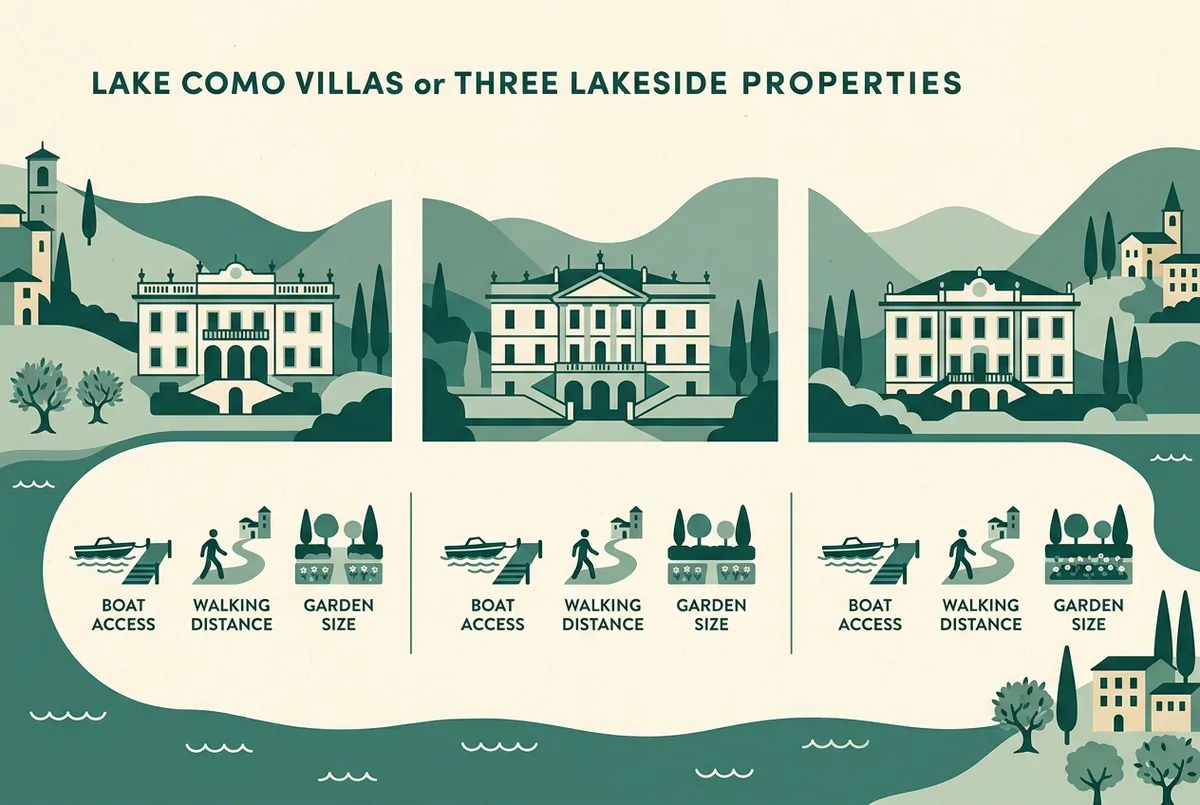 kaart-achtige infographic van villa del balbianello, villa serbelloni en villa melzi rond bellagio en lenno aan het comomeer, met eenvoudige gebouwiconen en generieke plaatsnamen