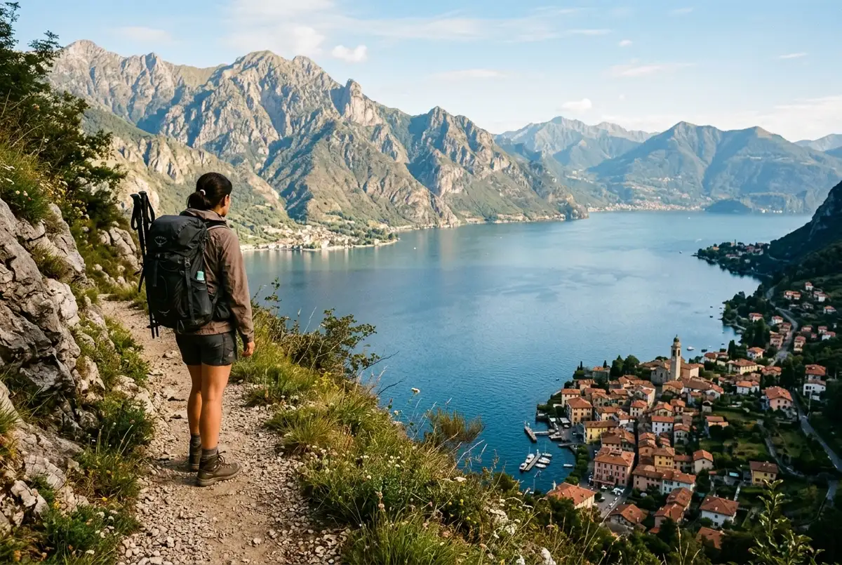 escursionista in piedi su un sentiero panoramico durante una passeggiata lago di como, con vista sulle montagne, un borgo lacustre sotto e luce calda di metà mattina