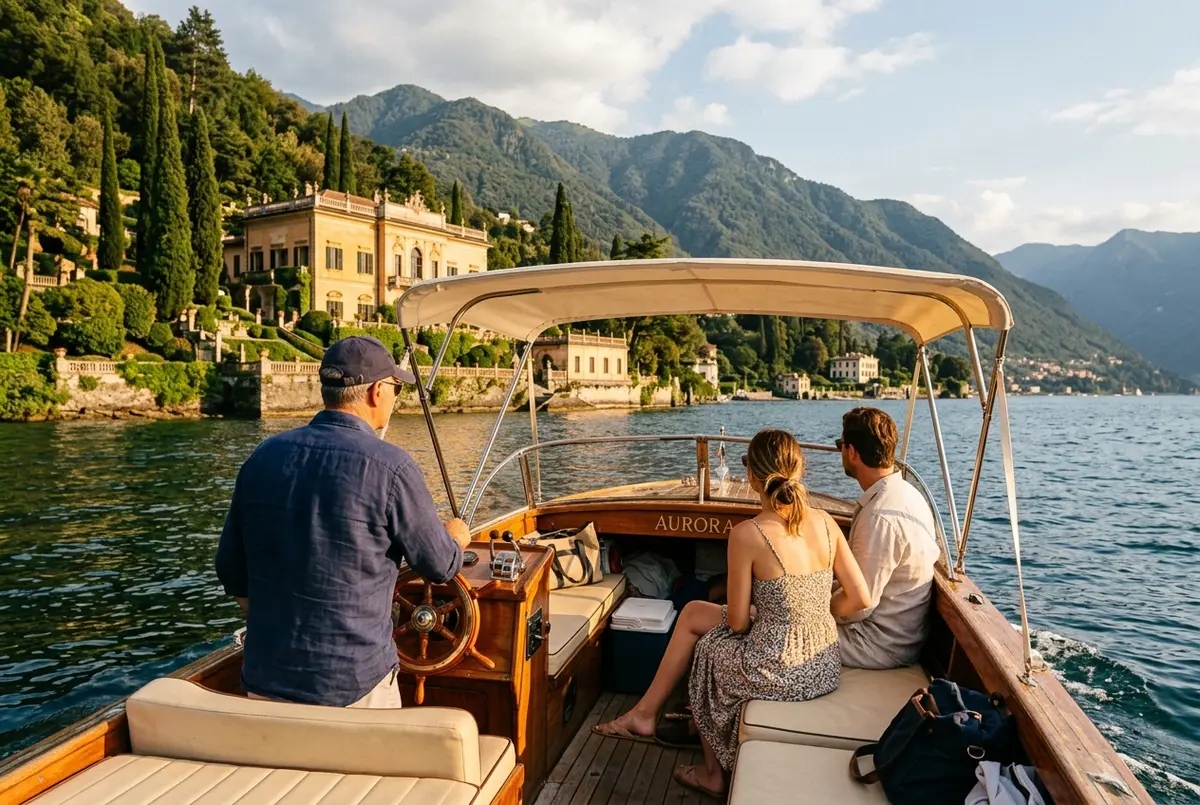 Kleines privates Boot auf dem Comer See mit Kapitän am Steuer, vorbei an einer Seevilla im goldenen Nachmittagslicht, zwei Reisende unter einem Sonnensegel