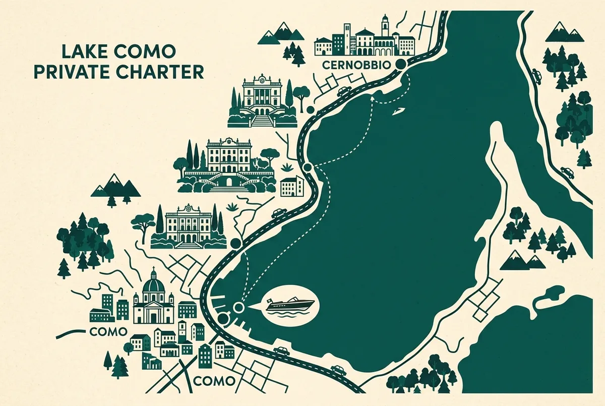Vergleichsgrafik private Bootstour Comer See: Icons für Kapitän, Erfrischungen, Sonnensegel und flexible Route neben einer schematischen Preis-pro-Kopf-Waage