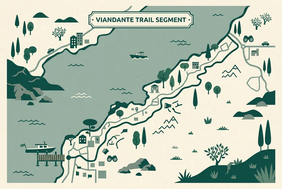 Infografica a mappa del tratto del sentiero del viandante tra varenna e bellano con icone per il dislivello, i punti panoramici e il pontile di arrivo