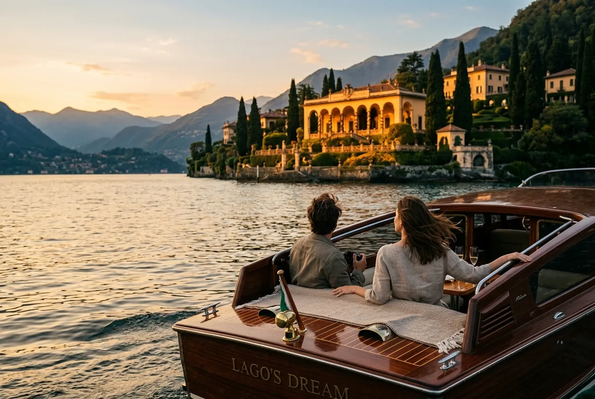 coppia che alza un calice di prosecco su una crociera al tramonto sul lago di como con le ville illuminate dalla luce dorata sullo sfondo