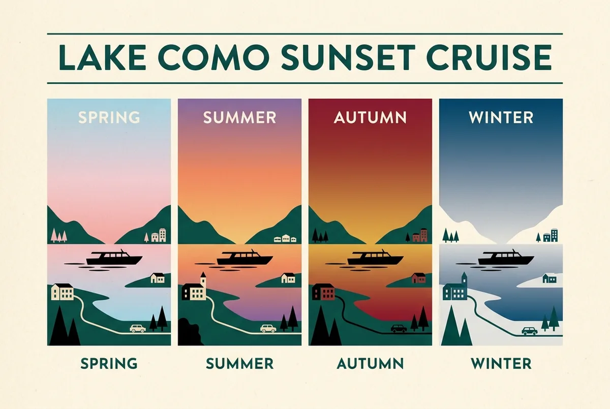 Infografica che confronta l'orario tipico di partenza di una crociera al tramonto lago di como tra estate e inverno, con due colonne e icone semplici di sole e orologio