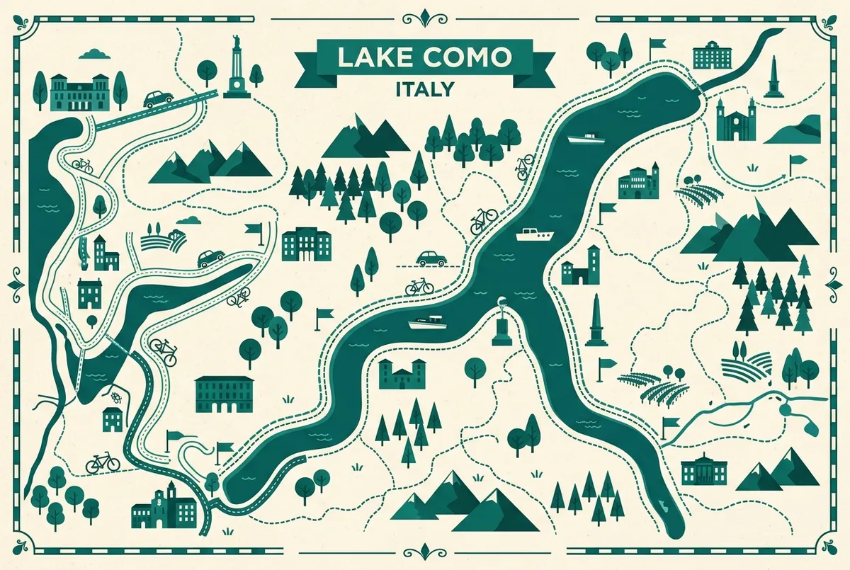 map-style infographic marking bike paths, wine tasting routes and walking trails around lake como, generic place labels only