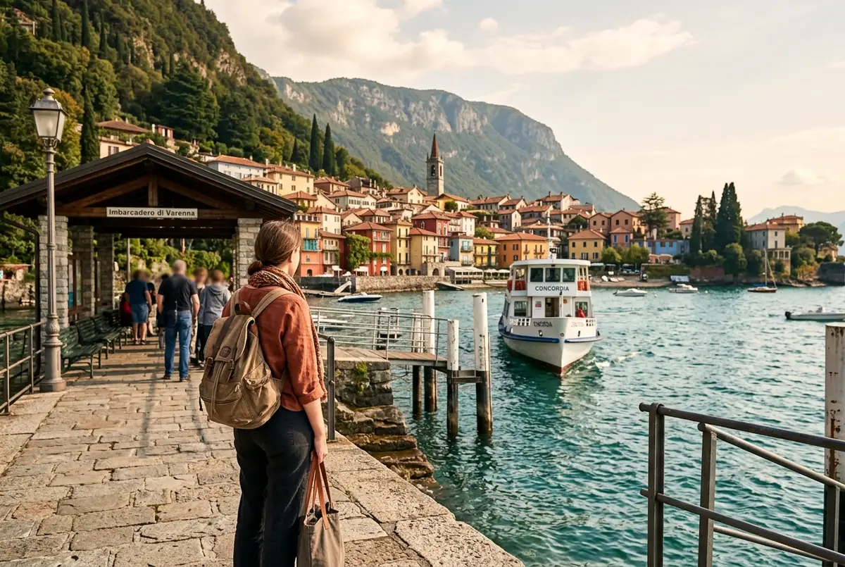 traveler waiting at the varenna ferry terminal on lake como with the village's lakeside houses and a boat approaching the pier at midday