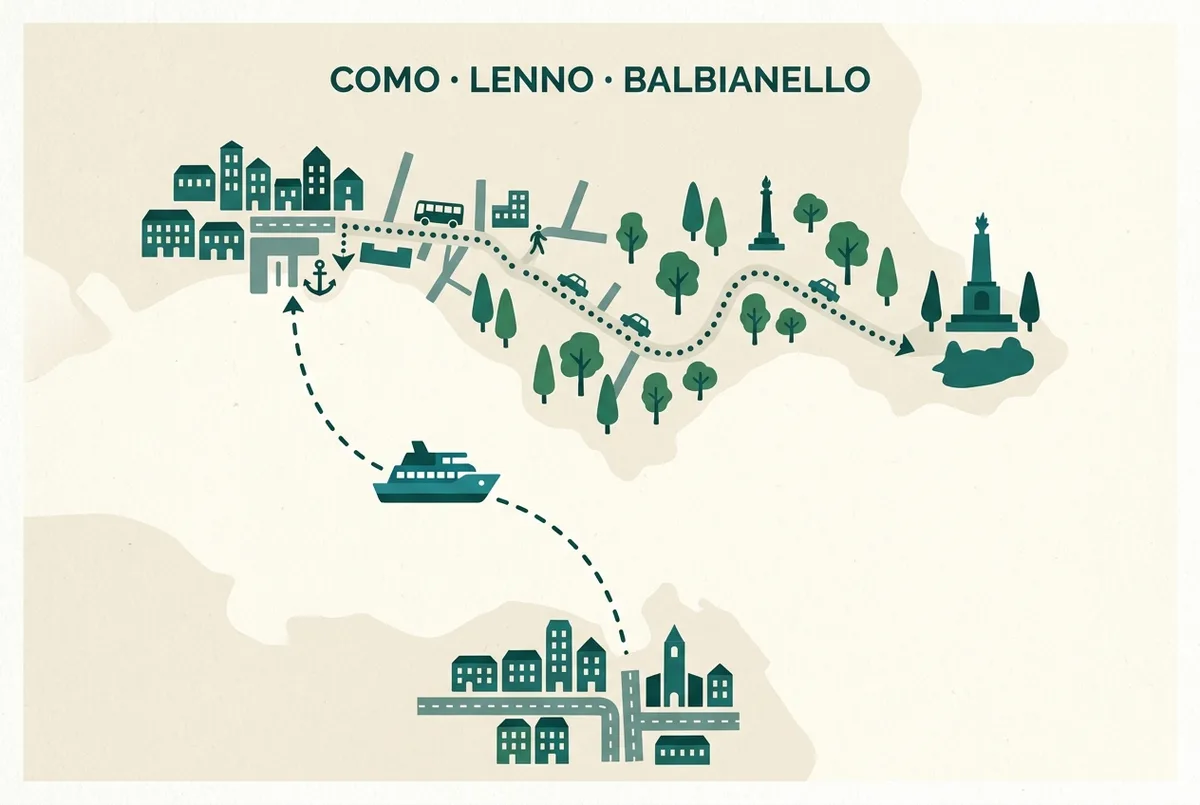 Simple infographic map showing the ferry route from como to lenno and the walking path from the dock to villa del balbianello, generic labels, no prices