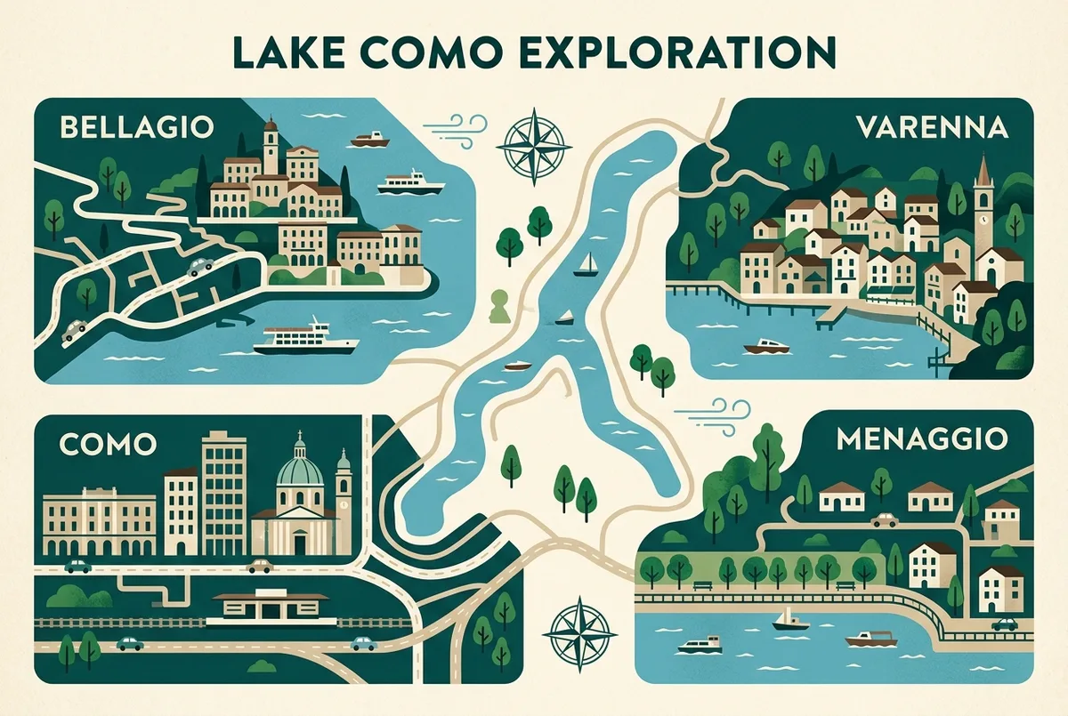 Mapa il·lustrat senzill del Llac de Como amb icones genèriques marcant Como, Bellagio i Varenna com a possibles bases per allotjar-se, sense cap text de preu