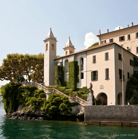 Terraced gardens at Villa del Balbianello on Lake Como viewed from the water